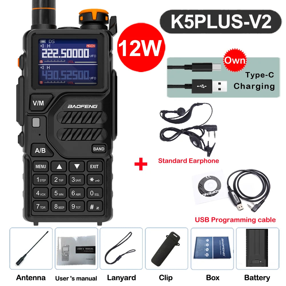 2026 Baofeng UV-K5 Plus Walkie Talkie 12W High Capacity AM FM Two Way Radio Full Band LCD 999CH Frequency Copy NOAA Noise Reduce