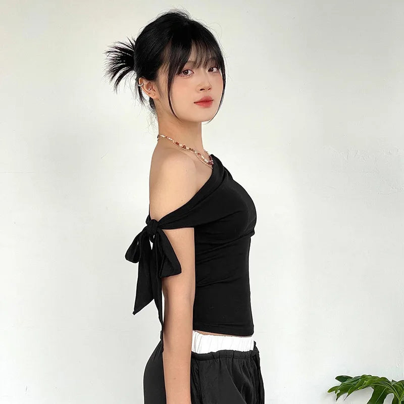 2025 Women'S Summer Ins Style New Shrink Pleated One-Shoulder Crop Top Backless Twist Tie Asymmetric T-Shirt Casual Top