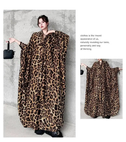 Leopard Print Loose Bat-sleeve Dress Women Summer Stand-up Collar Tie-waist Oversize Slimming Casual Long Dress XY420