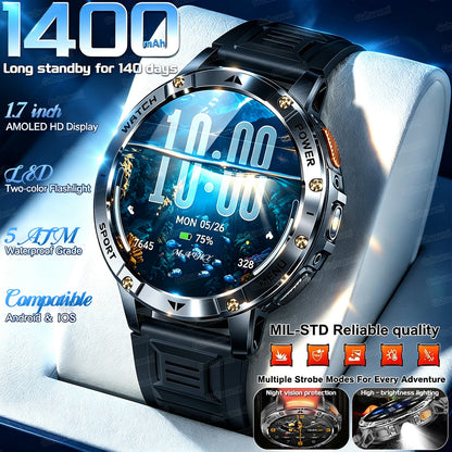 TANK Ultra Outdoor Smartwatch 1400mAh Battery Military Watches Waterproof Two-color Tactical LED Flashlight Men Sports Bracelet