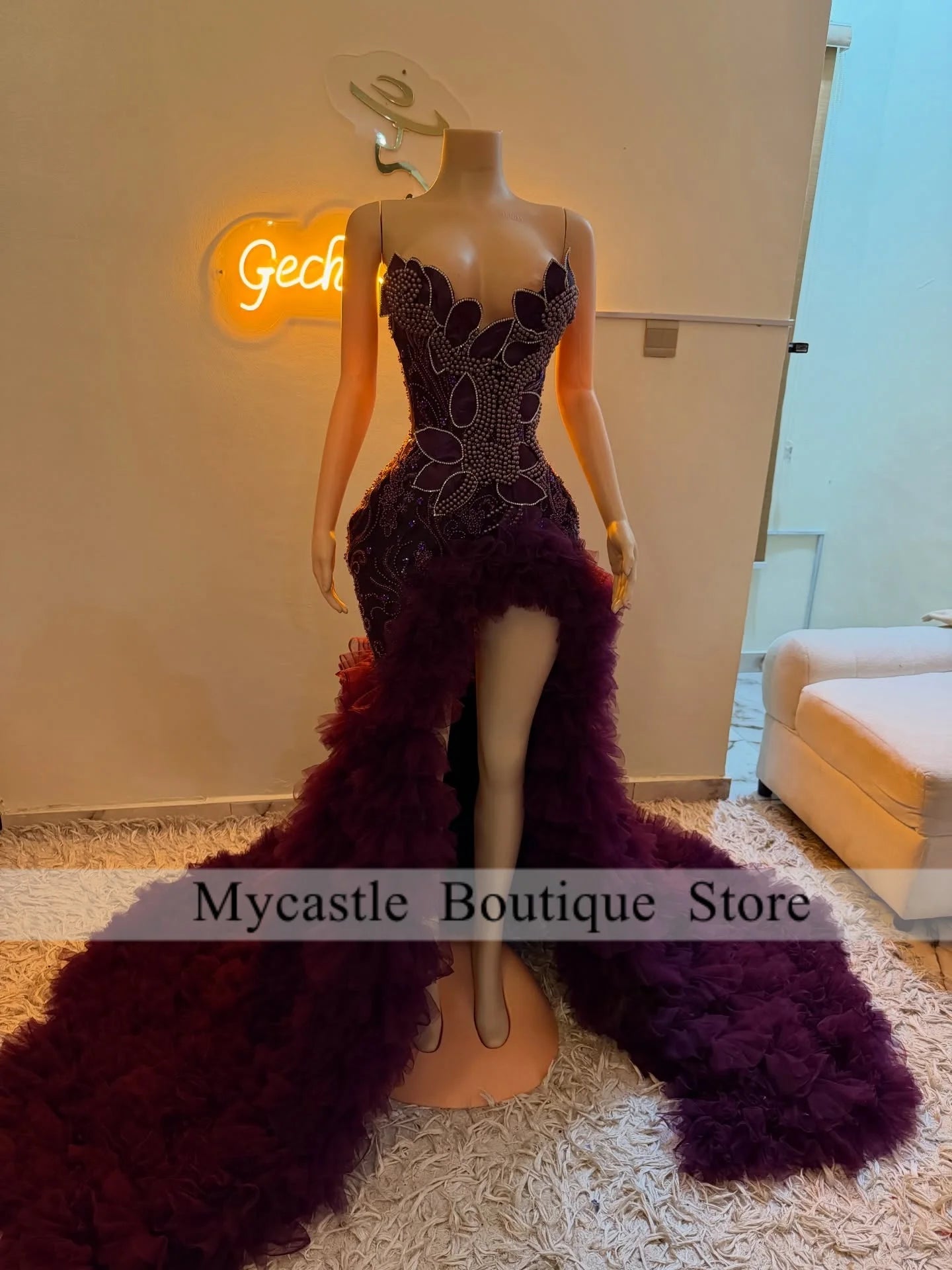 Luxury Pearl Beaded Deep Purple Spaghetti Strap Diamond Prom Dresses High Slit Ruffle Tulle Train Evening Gown Customized