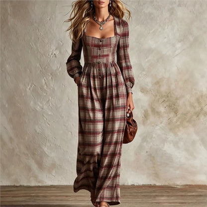 Women's Fashion Square Neck Retro Plaid Long Sleeve Jumpsuit Autumn New Waist Single Breasted Pocket Wide Leg Female Rompers2026