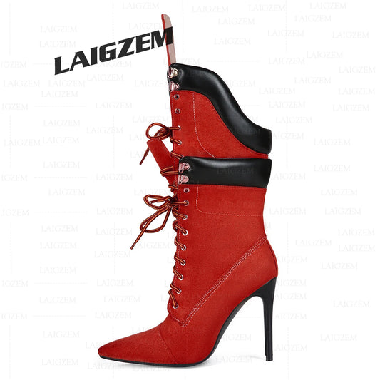 LAIGZEM Women Calf Boots Faux Suede Patchwork Pointed Toe Thin High Heels Boots Lace up Ladies Shoes Woman Large Size 38 45 47