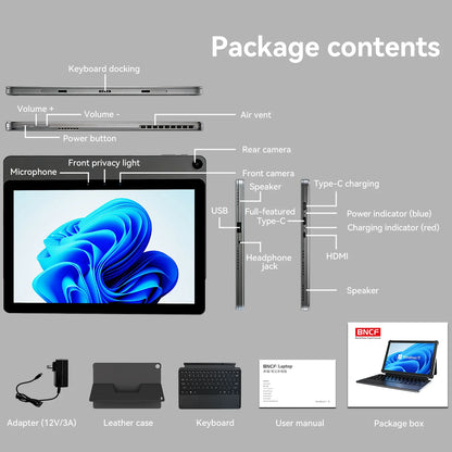 2-in-1 10.1 Inch Tablet Laptop Intel 6500Y 8GB+256GB SSD 1280*800 350Nits Windows 11 Type-C USB3.0 micro HDMI Wifi5 BNCF W1001