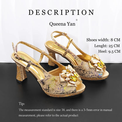 New Print Design Elegant Mature Style Gold Color Essential for Banquets, Exquisite HandBag with Peep Toe Sexy High-Heeled Shoes