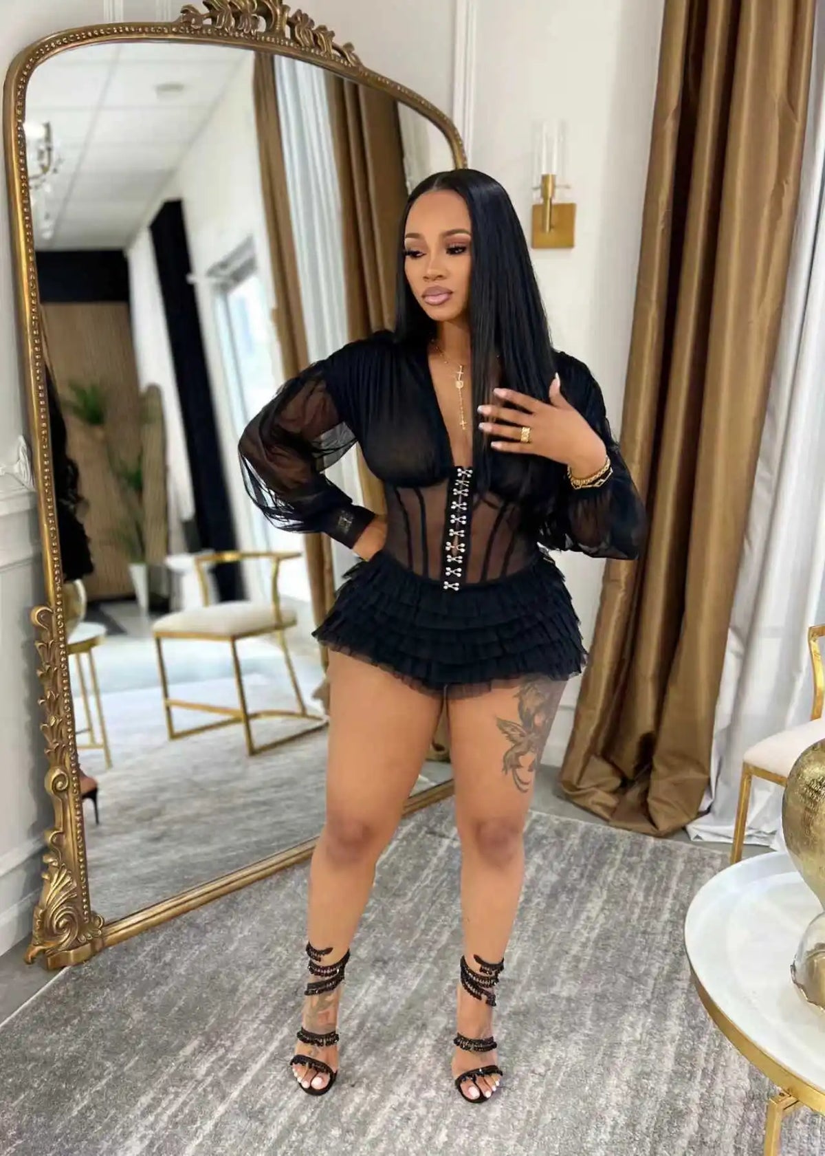 Boho Summer Mesh Casual Playsuit Sexy Women V-neck Elegant Night Club Ruffles Romper Overalls