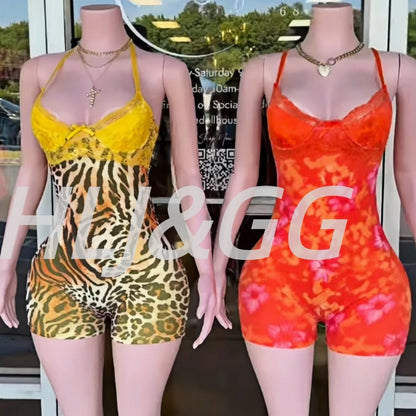 HLJ&GG Vintage Flowers Print Mesh Spaghetti Strap Bodycon One Piece Rompers Women V Neck Sleeveless Jumpsuits Fashion Overalls