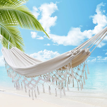 Macrame Fringe Hammock Boho Balcony Hammock Handmade Tassels Hammock 2 Person Double Hammock for Home Outdoor Backyard Beach