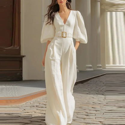 Elegant Jumpsuit Women's V Neck Puff Sleeve Belt Free Wide Leg Casual Rompers Workplace Urban Commuting Business Sexy Jumpsuites