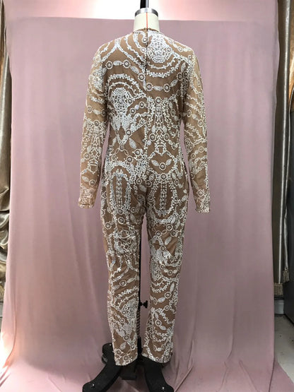 Women Jumpsuits 2026 new European slim solid color see-through sequined sexy long jumpsuit women's clothing vestidoes