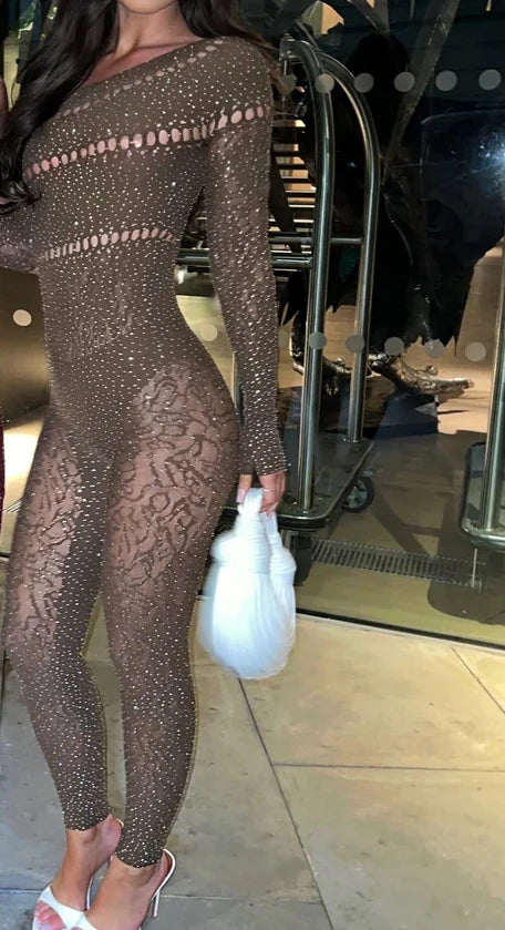FAGADOER Spring Summer New Sexy Jumpsuits Women See Through Hollow Out Rhinestone Patchwork Rompers Female Streetwear Overalls