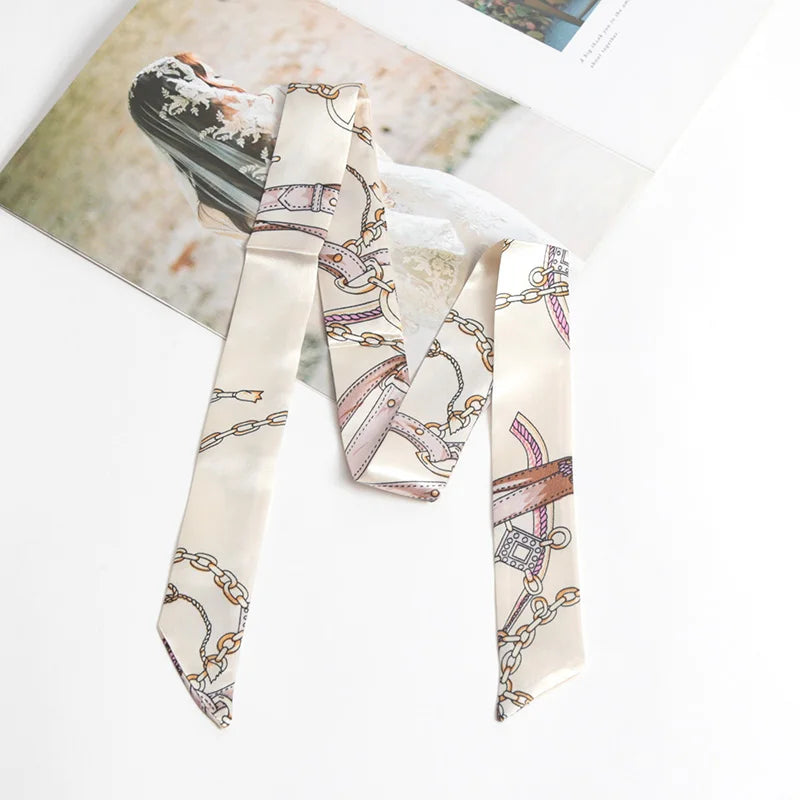 Women Print Flower Small Scarf Handle Bag Ribbons Fashion Head Scarf Small Long Skinny Scarves Headbands Tie Accessories