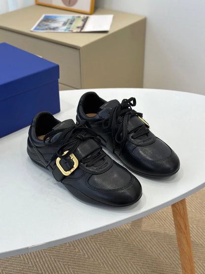 Women Leather Sneakers Gold-tone Buckle Strap