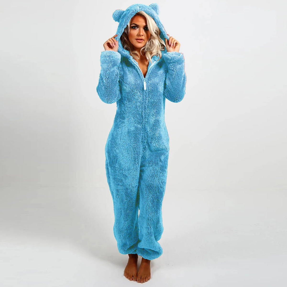 Casual Cute Women's Thick Warm Furry Jumpsuit One-Piece Solid color Hooded Pants Set Home Wear Comfortable Jumpsuits Overall