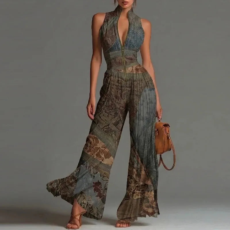 Women Elegant Chiffon Sleeveless Jumpsuit High Waist Pleated Flowy Wide Leg One Piece Overalls Holiday Casual Streetwear Rompers