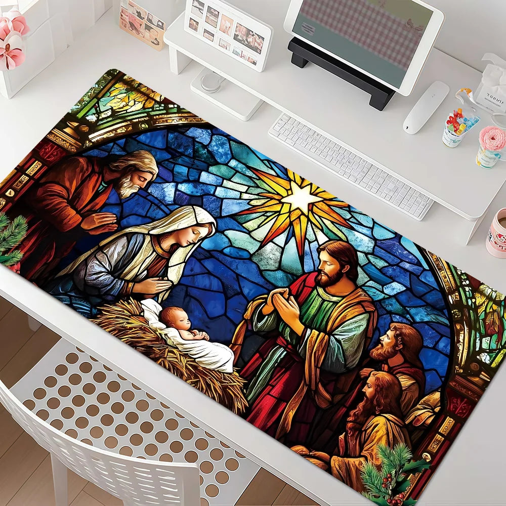 Christmas Nativity Scene Mouse Pad Large Non-Slip Waterproof Mat Stitched Edge Keyboard Pad for Gaming Daily Office