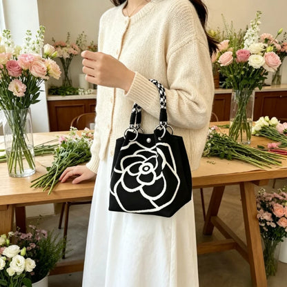 1Pc Women Mini Canvas Handbag with Black Camellia Pattern, Checkered Woven Handle Small Bucket Tote Bag, Fashion Lightweight Portable Top Handle Purse for Daily Shopping Coffee Date Travel
