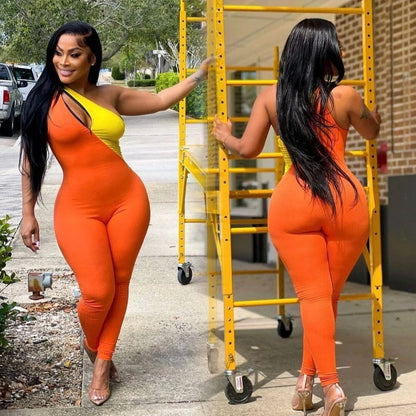 Women Patchwork Jumpsuits Skinny Rompers Full Lenth Sleeveless One Shoulder Top Pencil Pants Slim Office Lady Casual 2026 Summer