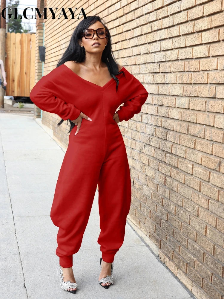 GLCMYAYA Women Long Sleeve V-neck Loose Jumpsuits 2025 Winter Autumn One Piece Set Party Casual Fitness Streetwear Outfits
