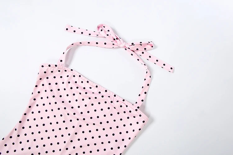 Weird Puss Sexy Backless Rompers Woman Polka Dot Print Bandage Halter Sleeveless Skinny Peach Hip High Street Fashion Playsuits