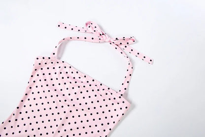 Weird Puss Sexy Backless Rompers Woman Polka Dot Print Bandage Halter Sleeveless Skinny Peach Hip High Street Fashion Playsuits