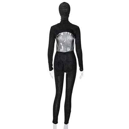 Women's Black Long Sleeve Backless Bodycon Jumpsuit Streetwear Romper Playsuit Solid Color Autumn Winter Fashion 2025