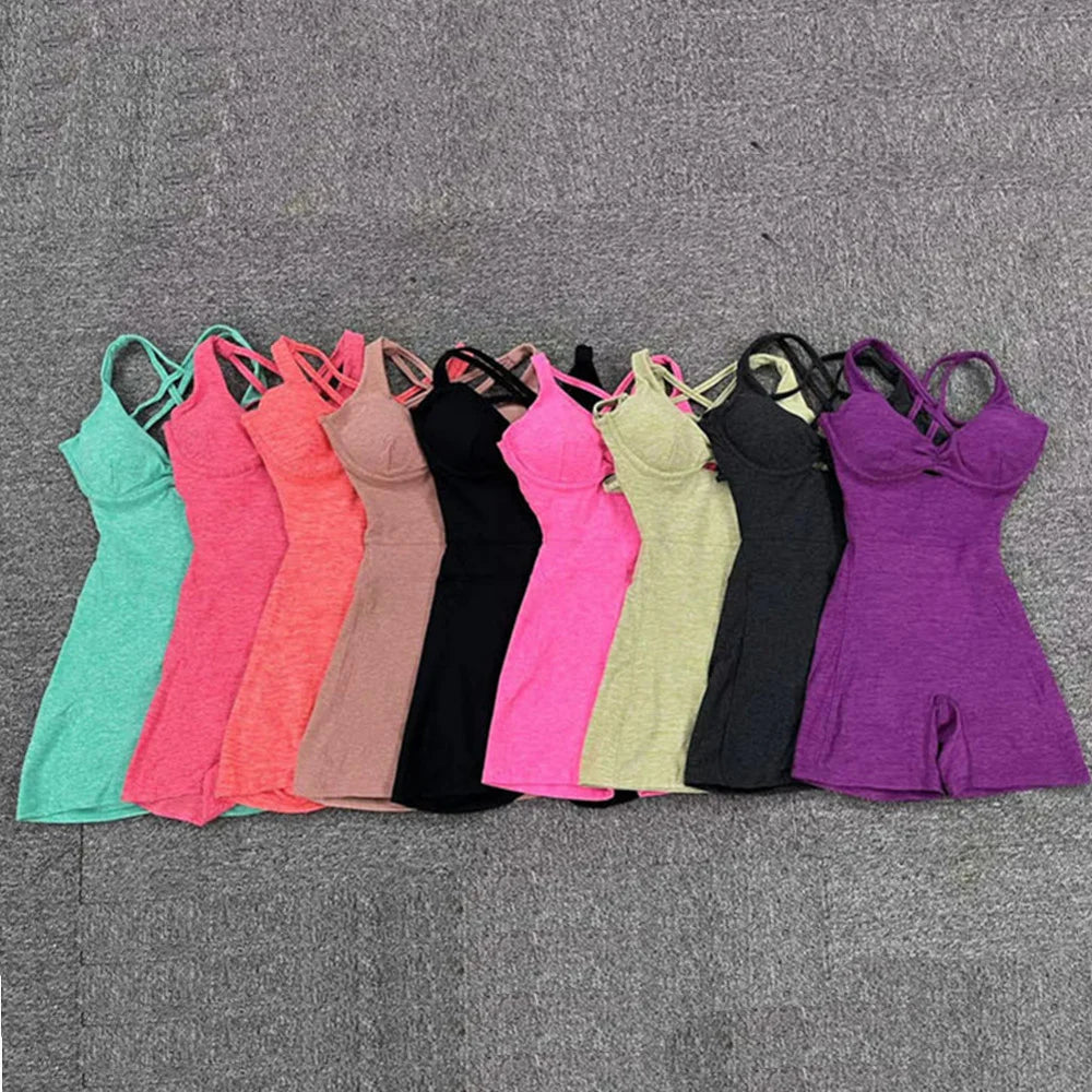 New Nylon Pad Women Yoga Set Rompers One Piece Short Jumpsuit Gym Exercise Sports Bra Romper Fitness Sportwear Active Suit
