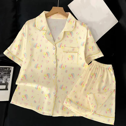Women's Pajamas Sweet Cute Print Casual Pajama Set Short Sleeve Button Lapel Top & Pants Comfortable Relaxed Summer Nightwear
