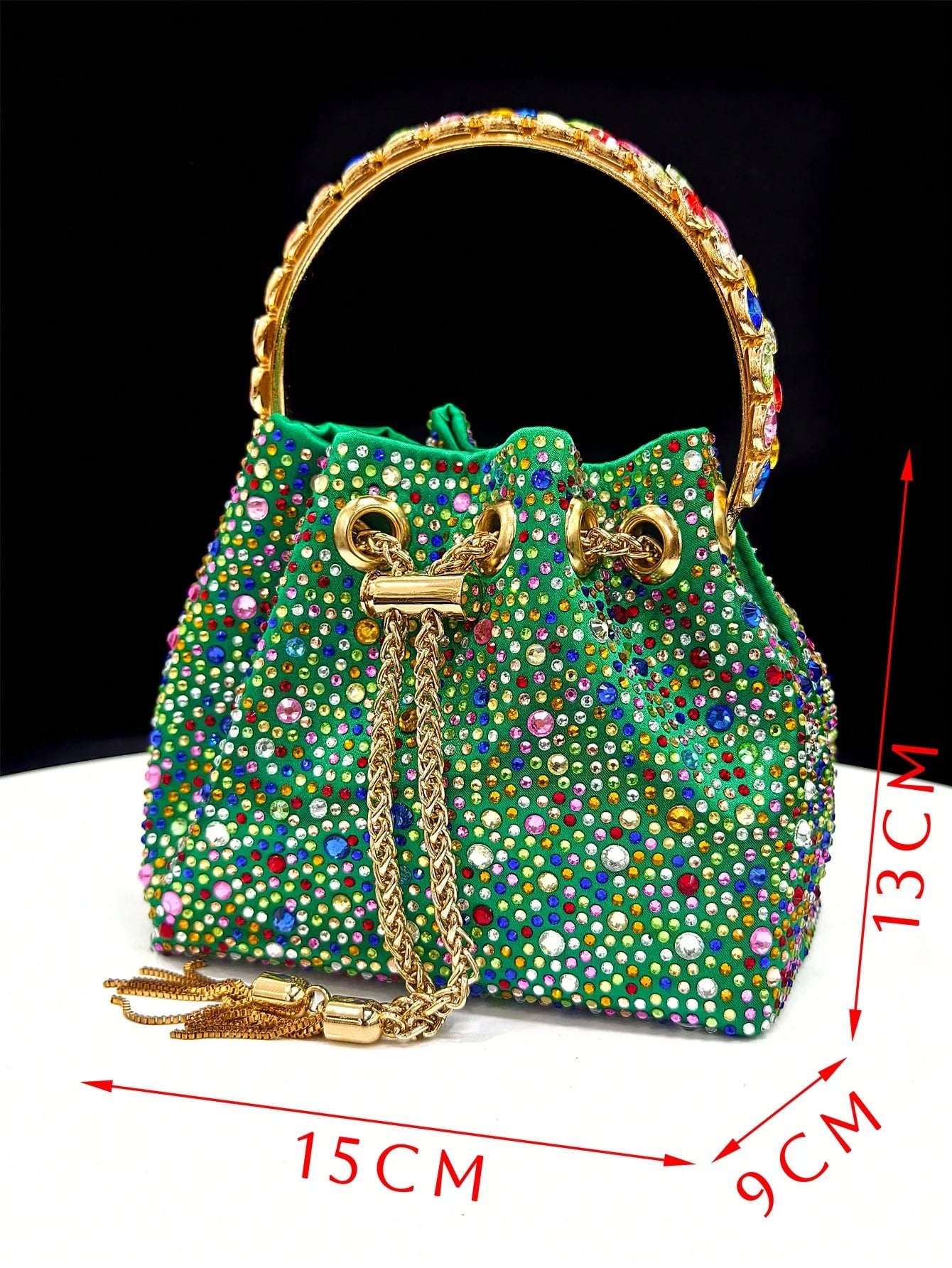Vemus Chan 2026 New Shiny Italian Fashion Women’s Pointed Toe Heels with Rhinestone Detailing & Matching Green Color Bag Set