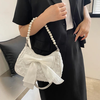 White Folds Pearl Female Bag Retro Luxury Designer Handbag Bow Crossbody Bags Fashion Y2K Vintage Women's Shoulder Bag Purses