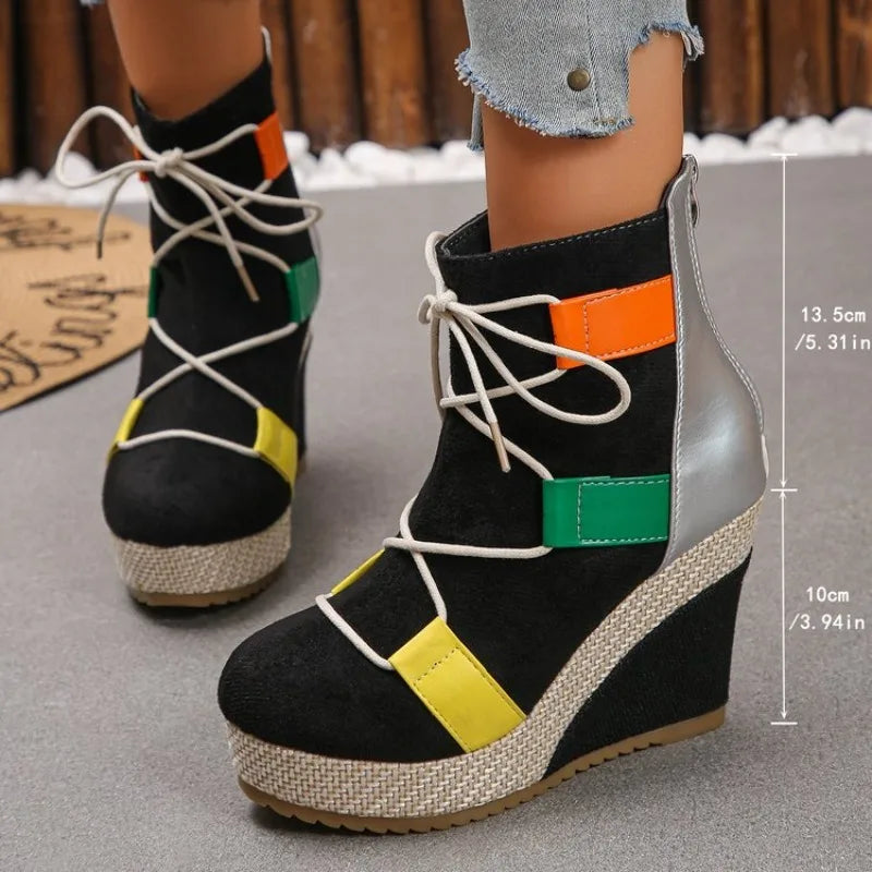 Women's Ankle Boots Wedge Heel Round Toe Platform Shoes Suede-Look Lace-Up Back Zipper Woven Trim Casual Street Style Footwear