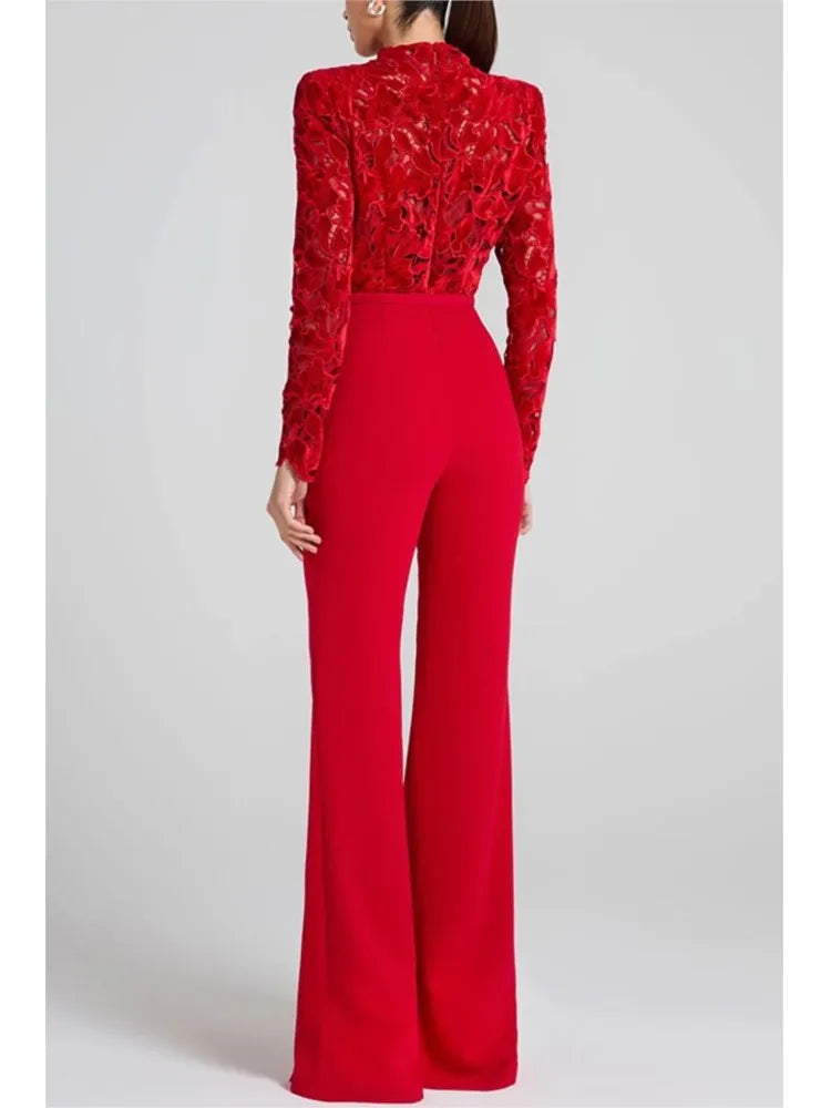 Autumn And Winter New Long-sleeved Belt High-waisted Casual One-piece Flared Trousers Women's Casual Loose Party Jumpsuits