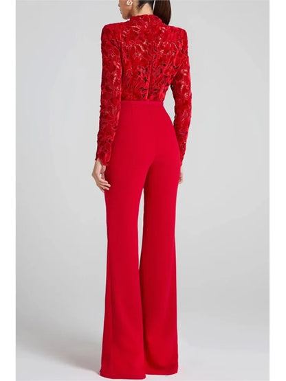 Autumn And Winter New Long-sleeved Belt High-waisted Casual One-piece Flared Trousers Women's Casual Loose Party Jumpsuits
