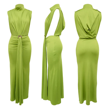 CM.YAYA Women O-neck High Split Ruched Stacked Bodycon Midi Maxi Dress 2024 Evening Party Club Vestidos Sexy Chic Long Dresses