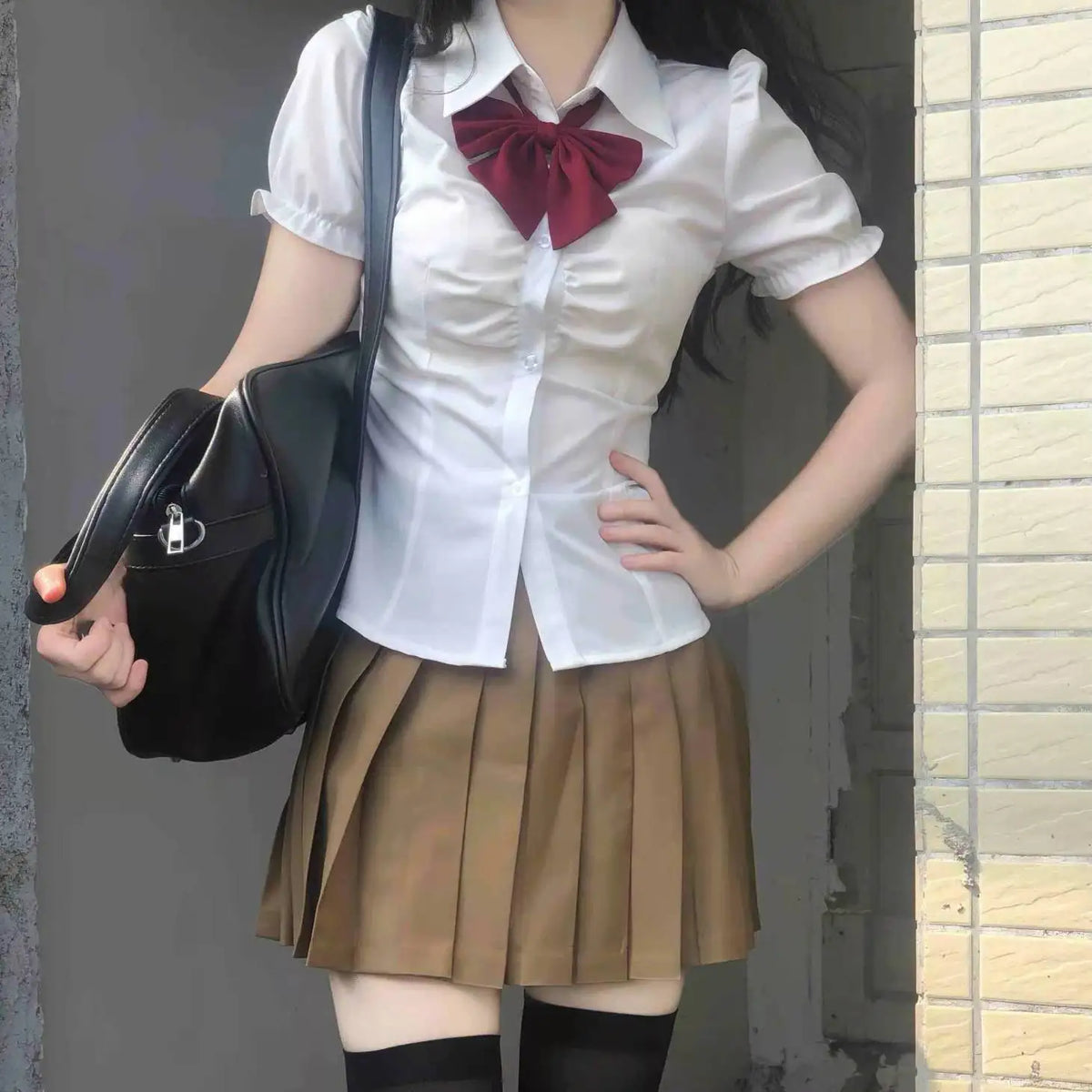 Summer Girls College Style Uniform Suit White Puff-Sleeve Shirt with Bow Slim Waist Skirt Set Women's Short-Sleeve Top And Skirt