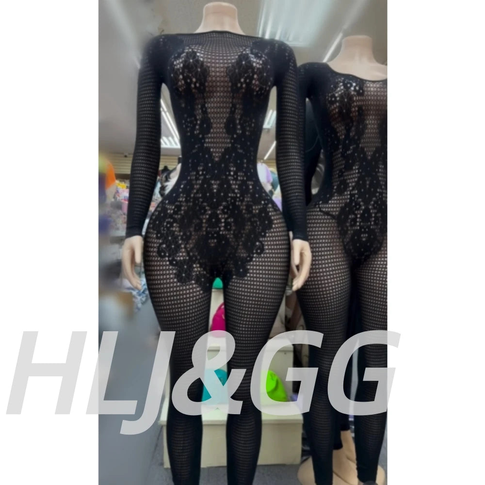 HLJ&GG Black Sexy High Quality Stretchy Knit See Though Bodycon One Piece Jumpsuits Women Long Sleeve Slim Playsuits Streetwear
