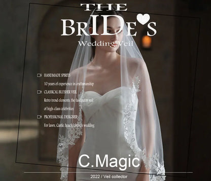 Exquisite Bridal White Veil Plain Tulle Handmade Lace Appliqued Fingertip Brides Headdress Veil with Hair Comb V683