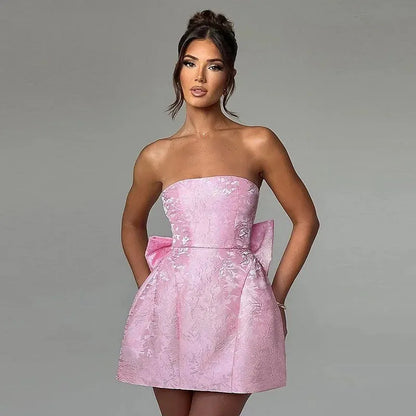 Evening Party Dresses Women 2026 Summer Sexy Fashion Bow Dress Elegant Jacquard Lace Up Backless Birthday Short Dress