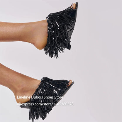 Blue Patent Leather Fringe Wedge Heel Mules Open Peep Toe Slip On Irregular Heel Sandals Nightclub Party Runway Shoes for Women