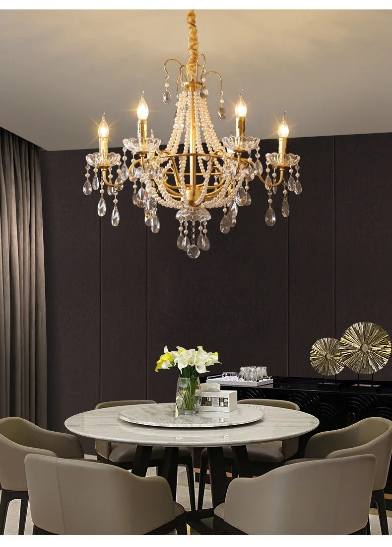 European Living Room Gold Candle E14 Chandelier Luxury Crystal Pearl Led Pendant Lights Villa Decor Led Suspend Lamp Luminarias