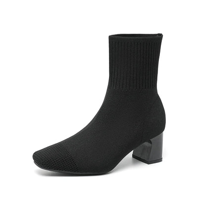 Black Square Toe Knit Sock Boots Elastic Slim Thick Block Heel High Heels Short Boots Fashion Autumn Casual Skinny Ankle Boots