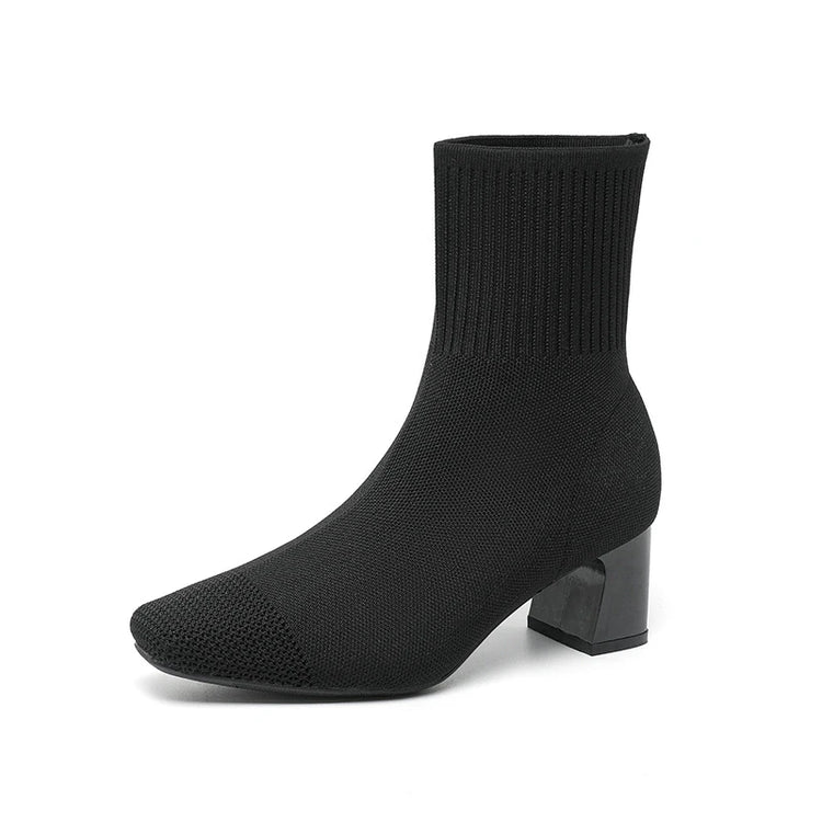 Black Square Toe Knit Sock Boots Elastic Slim Thick Block Heel High Heels Short Boots Fashion Autumn Casual Skinny Ankle Boots