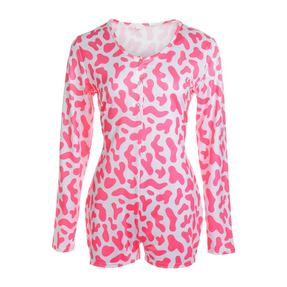 Combhasaki Women's Y2K Long Sleeve All-over Print Slim Sleepwear Jumpsuit Half Button O-neck Loungewear Bodysuit Shorts Romper