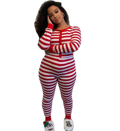 Christmas Women Sexy Bodycon Pajamas Rompers Striped Print Long Sleeve Button O Neck Jumpsuits Playsuits Sleepwear Loungewear