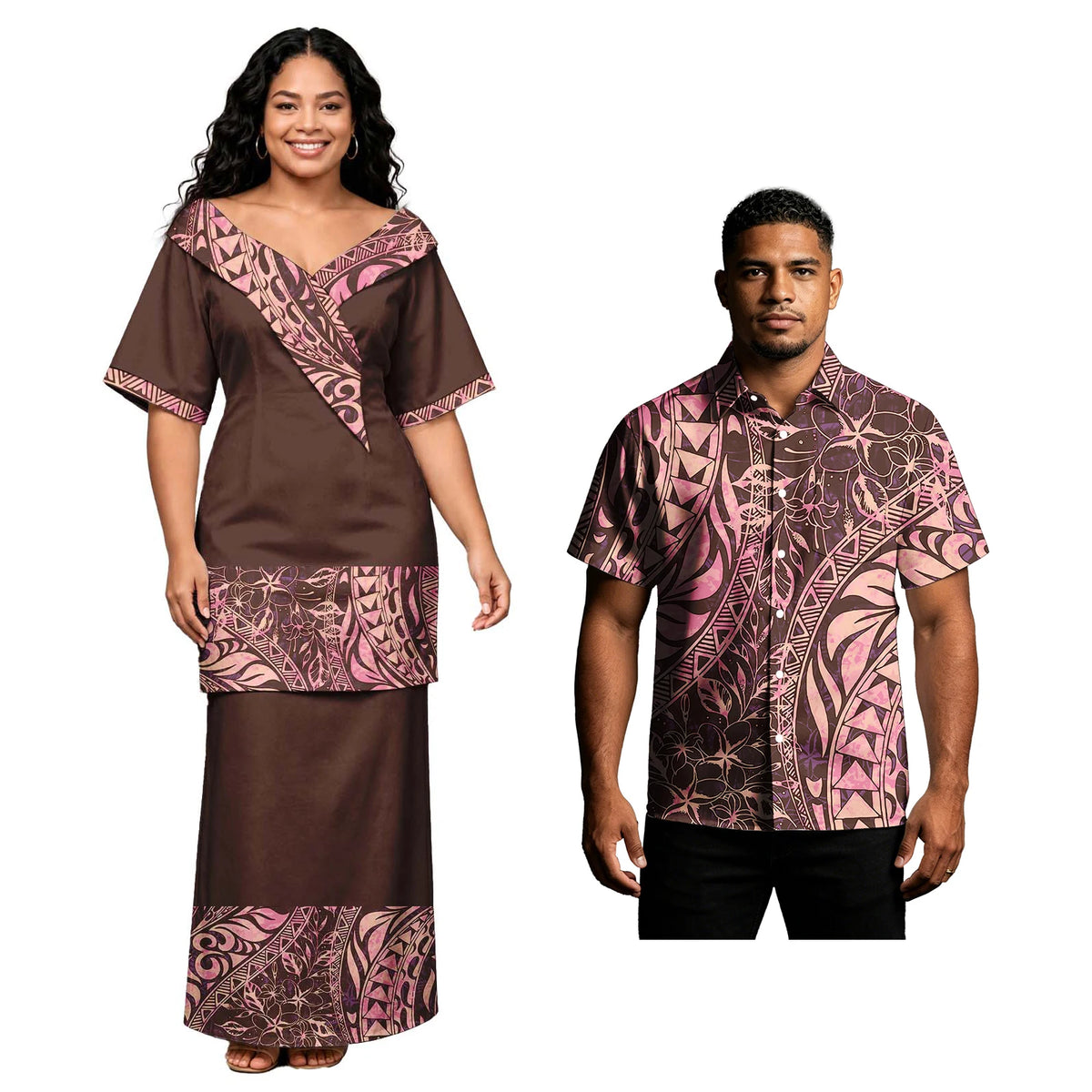 Holiday Party Hawaiian Tropical Pattern Couple Outfits Polynesian Men Button Shirts Women Tribal Design Church Samoan Puletasi