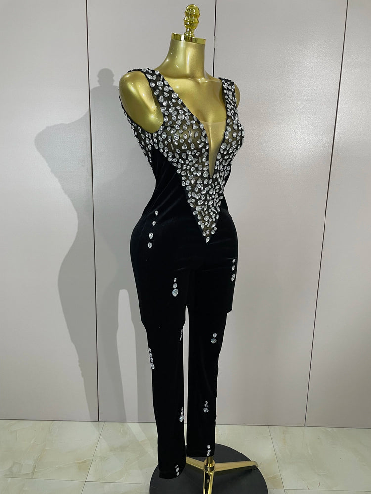 Sexy Sparkly Rhinestones Black Velvet Jumpsuit Women Performance Dance Costume Celebrate Club Luxury Birthday Party Stage Outfit