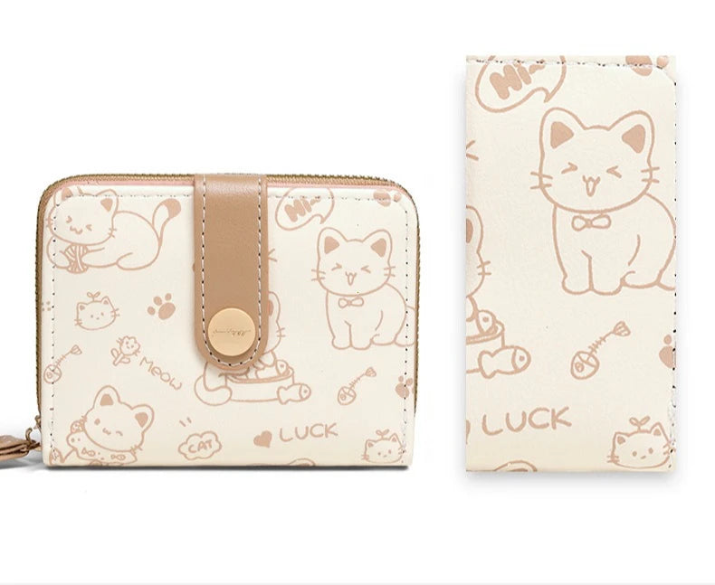 Cute Cat Coin Purse Women Fashion Short Wallet PU Leather Large Capacity Wallet Lightweight ID Card Holder Travel Cash Coin Bag