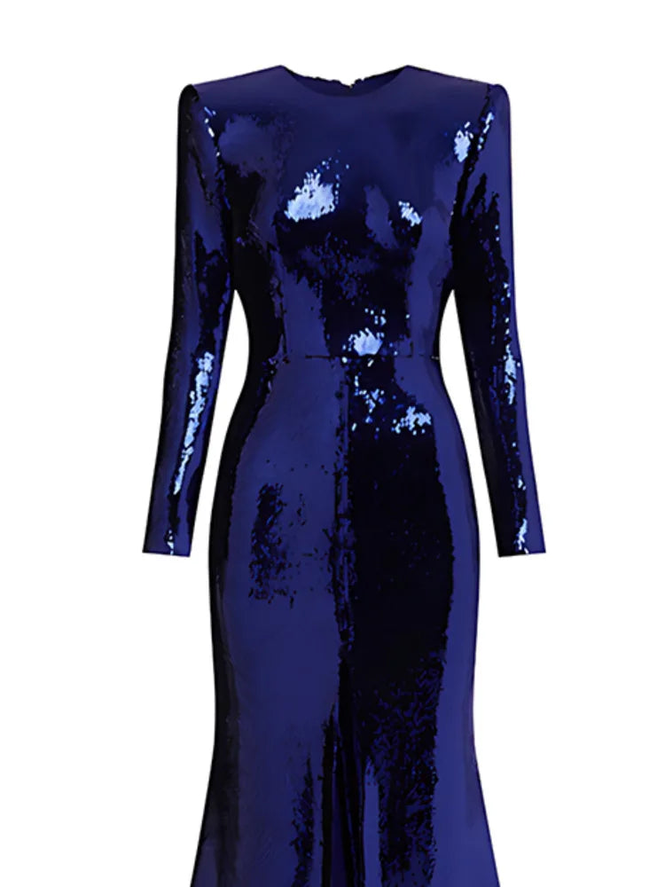Eshin Women's Blue Sequin Long Sleeve Maxi Dress Elegant Formal Gown Floor Length Sparkly Evening Party Chic Style SA457