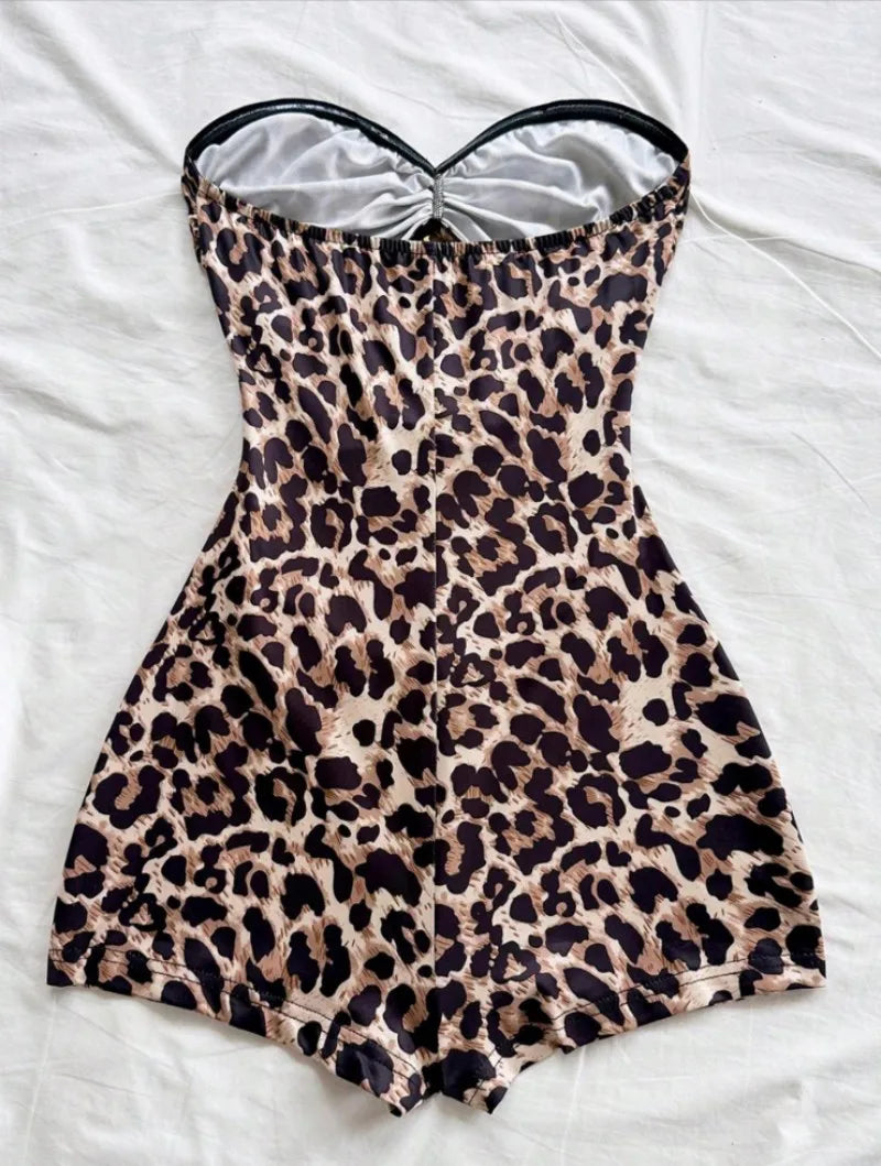 Women's Classic Retro Leopard Print Jumpsuit with Metallic Accessories, Suitable for Vacations, Parties, Dates, Afternoon Tea, M