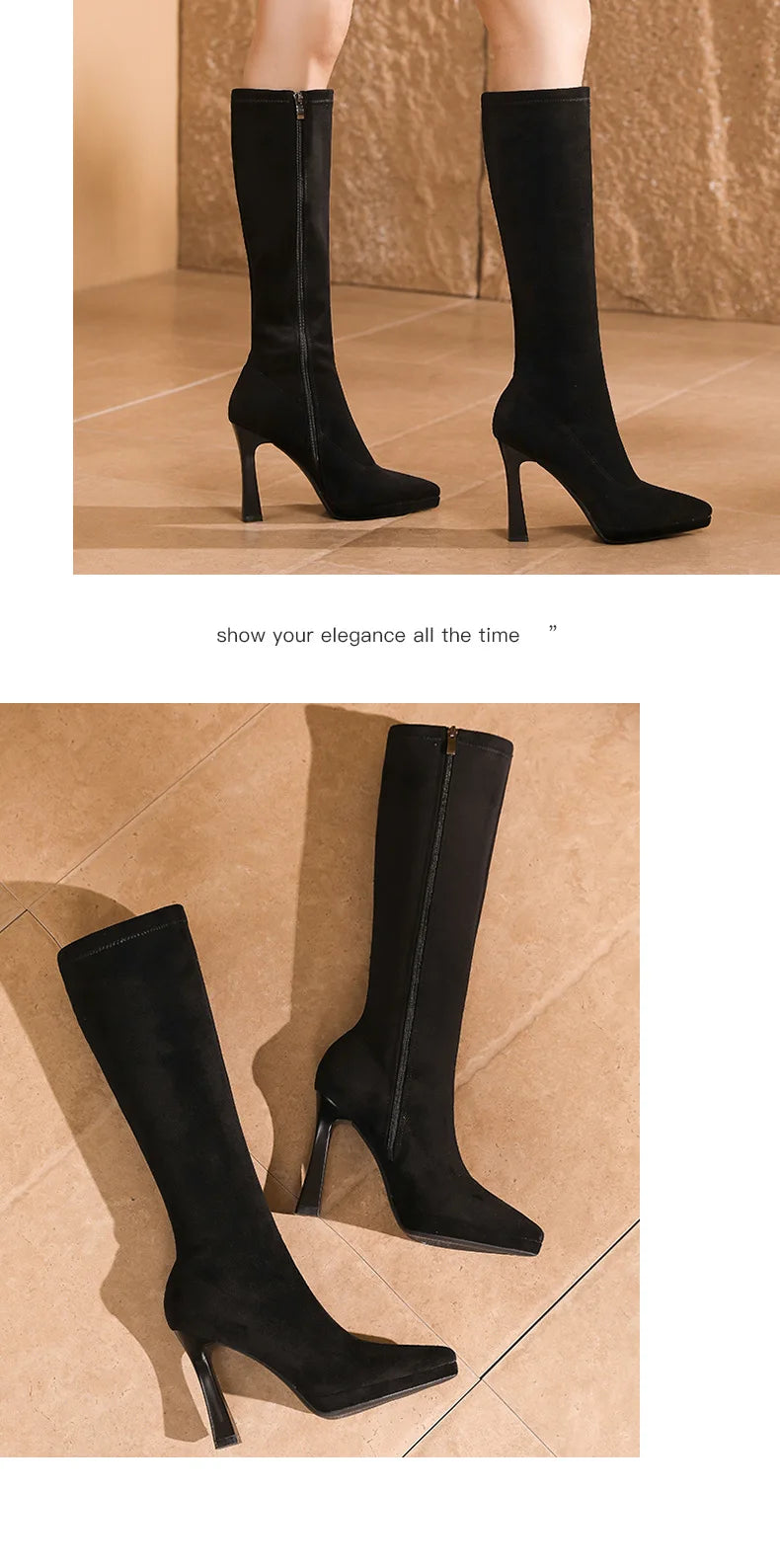 Black Knee High Boots For Women Pointed Toe 10cm High Heel Platform Side Zipper Slim Party Tall Boots Autumn Winter Lady Shoes